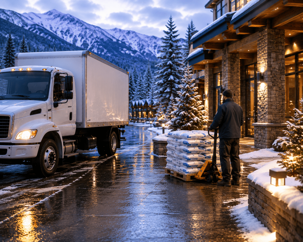Winter delivery truck arriving at a snowy luxury resort for ice melt service delivery