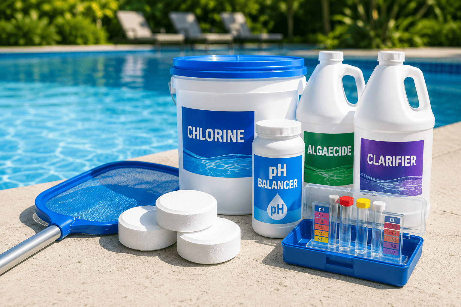 Pool chemicals and water treatment supplies beside a commercial swimming pool