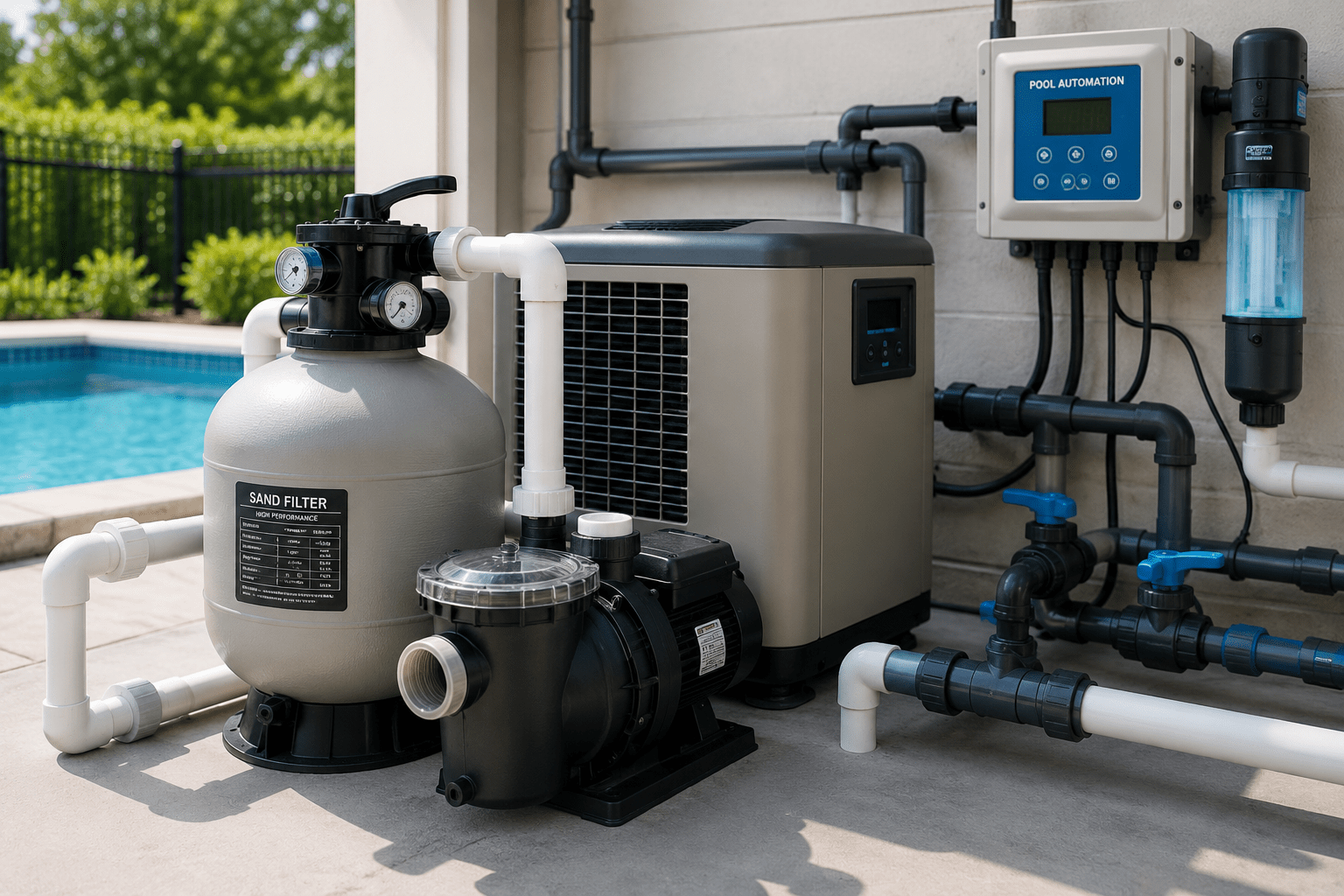 Commercial pool filtration and equipment systems beside a modern aquatic facility