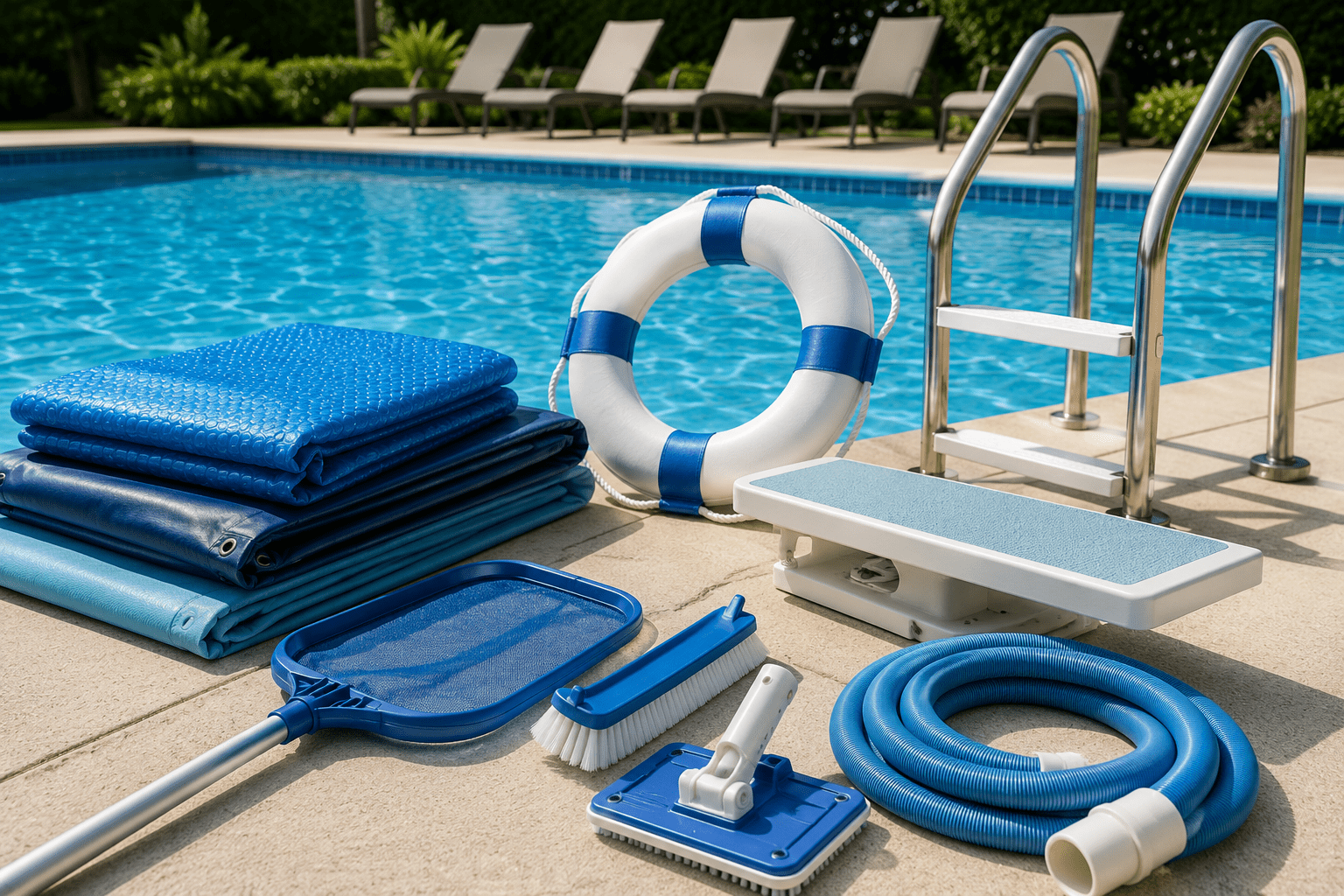 Pool maintenance accessories including skimmer net, hoses, and commercial cleaning tools