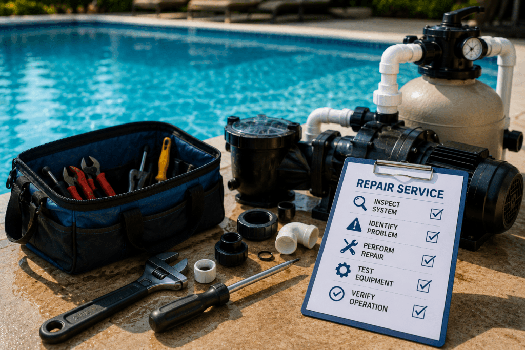 Commercial pool repair tools and maintenance checklist for aquatic facility servicing