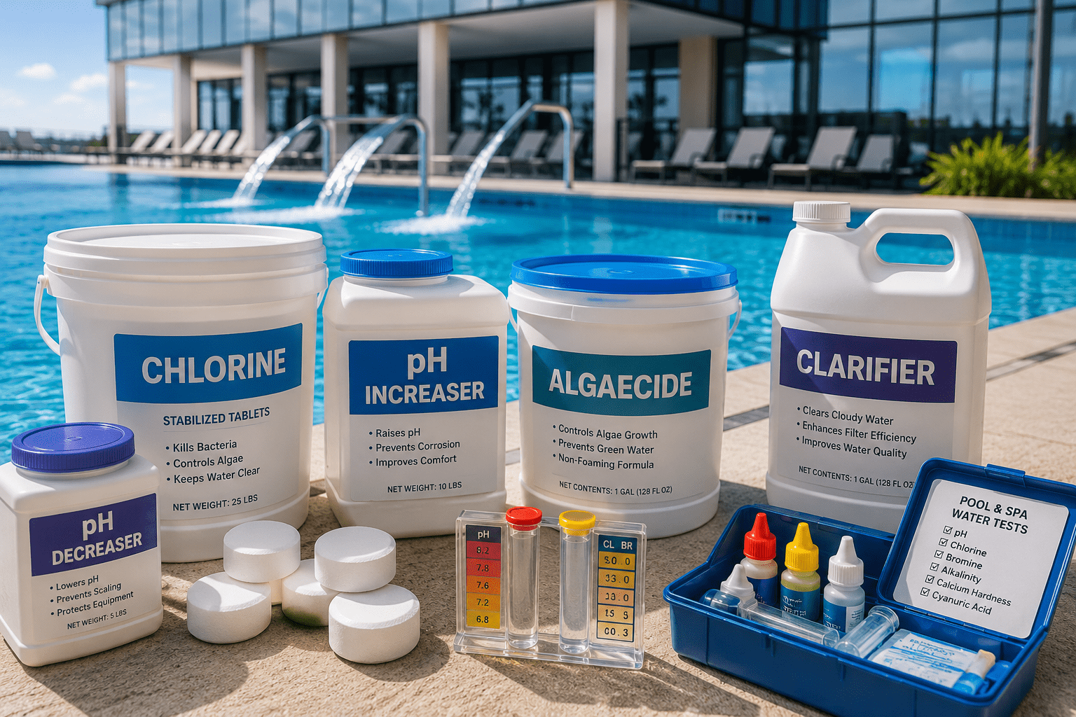 Pool chemicals and water treatment supplies arranged beside a commercial swimming pool