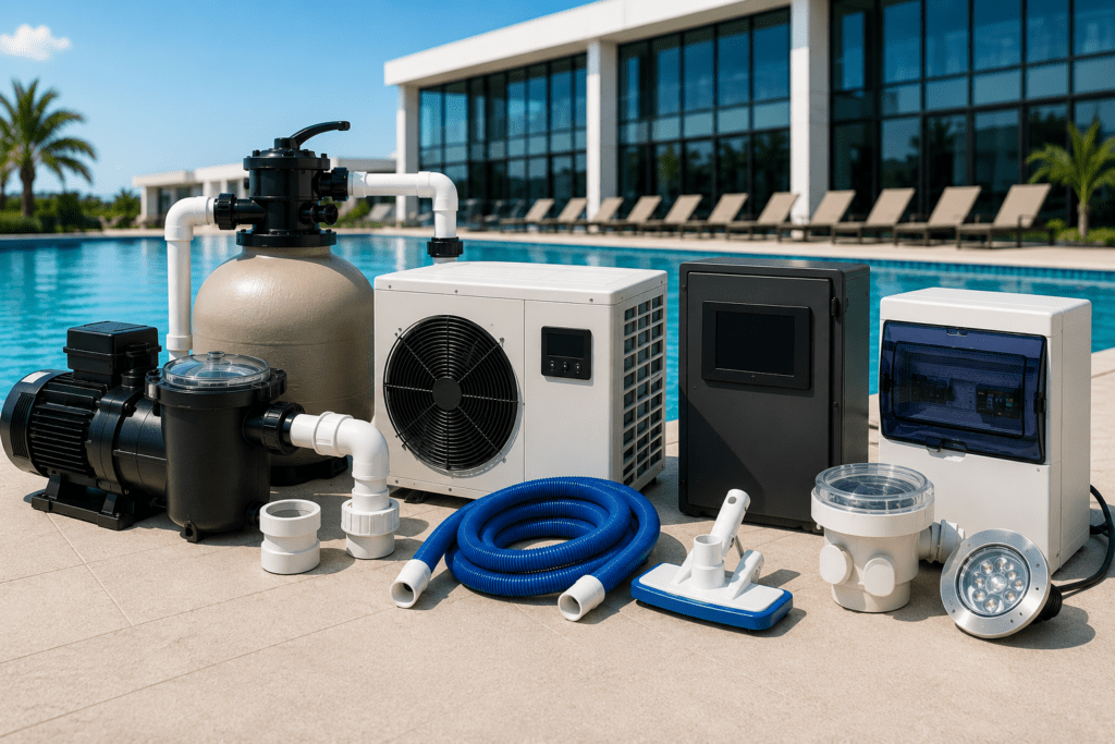 Commercial pool equipment including pumps, filters, and maintenance systems for aquatic facilities