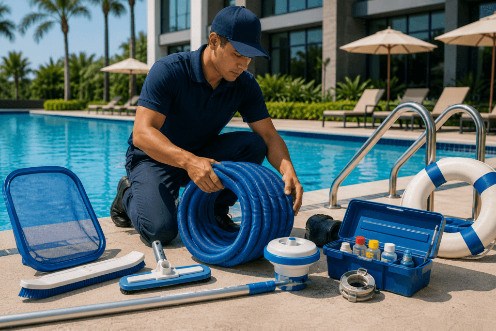 Pool technician organizing commercial pool accessories and maintenance equipment